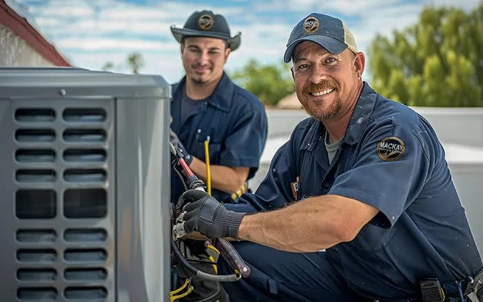 Two technicians servicing an outdoor air conditioning system