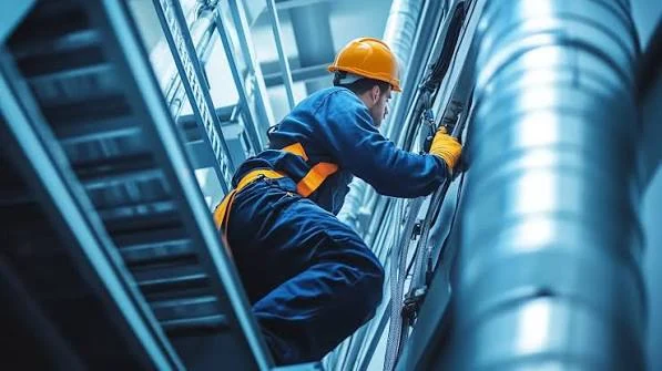 Technician inspecting large ventilation ducts