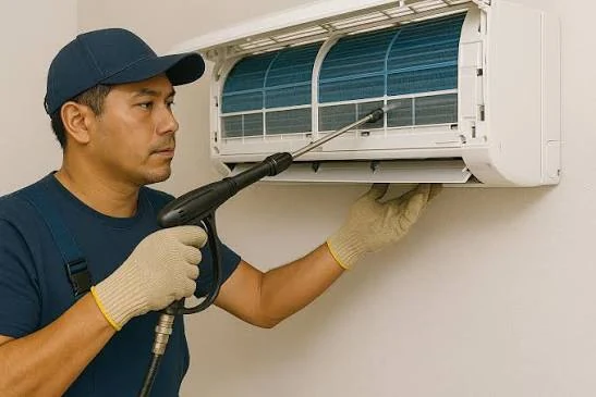 Technician cleaning an indoor wall-mounted air conditioning unit