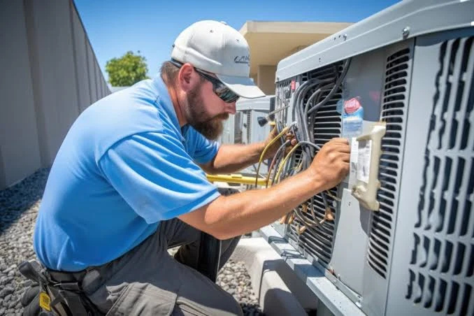 Technician servicing the electrical components of an outdoor air conditioning unit