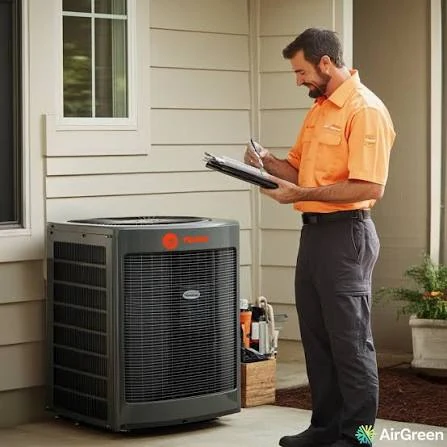 Technician recording observations beside a residential outdoor air conditioning system